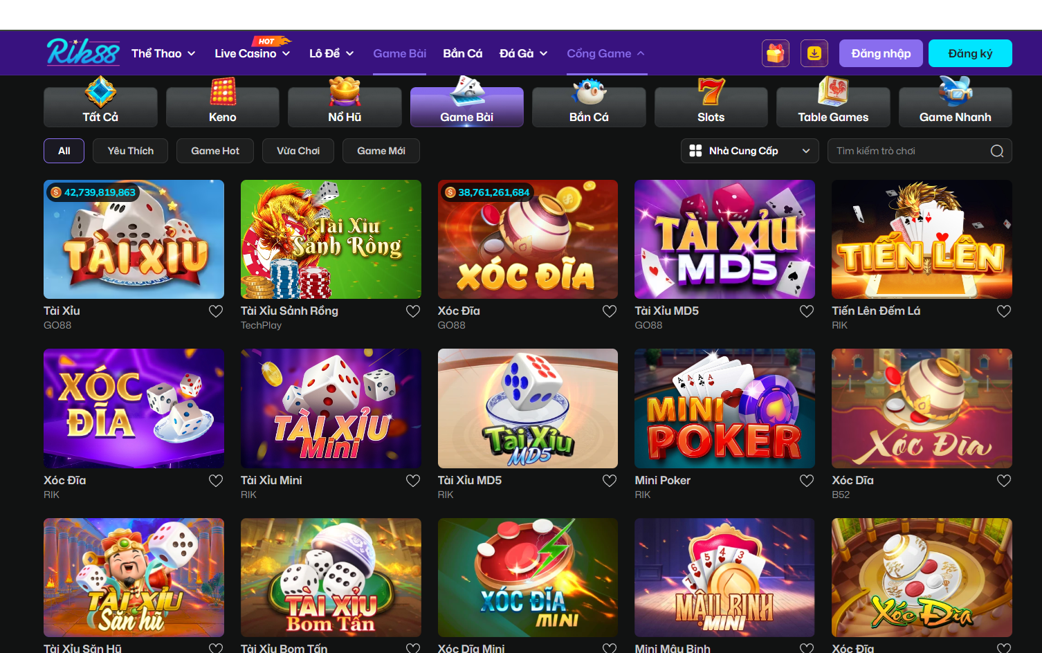 Sảnh game bài RIK88 quy tụ các trò chơi hấp dẫn